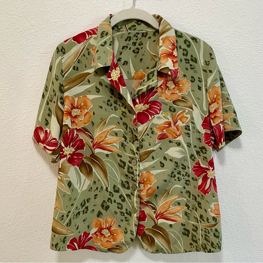 Alfred Dunner Hawaiian Tommy Bahama Style Button Up Short Sleeve Collared Shirt